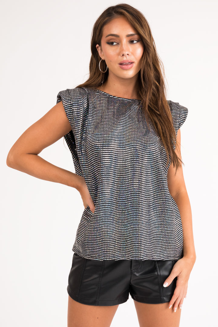 Black Cap Sleeve Top with Silver Iridescent Sequins