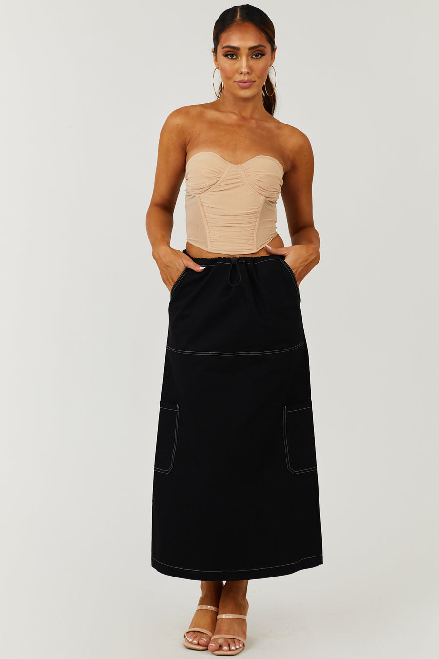 Black Cargo Midi Skirt with Contrast Stitching