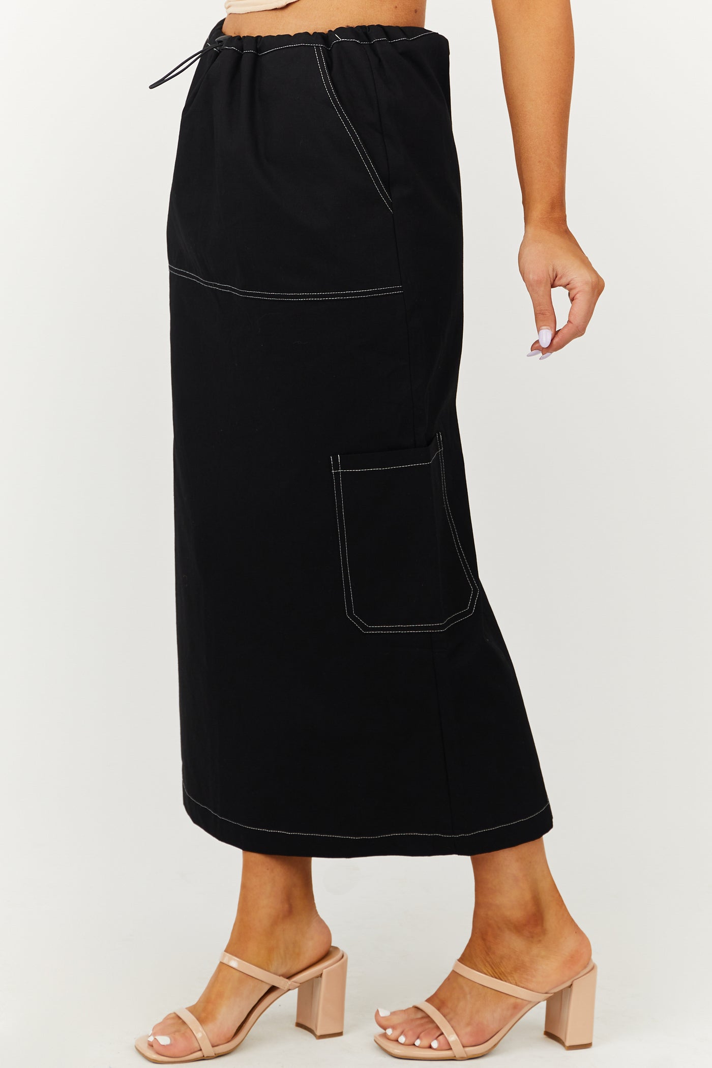 Black Cargo Midi Skirt with Contrast Stitching