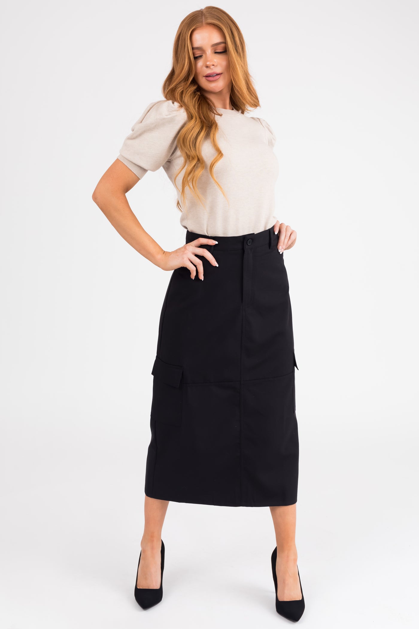 Black Cargo Midi Skirt with Pockets