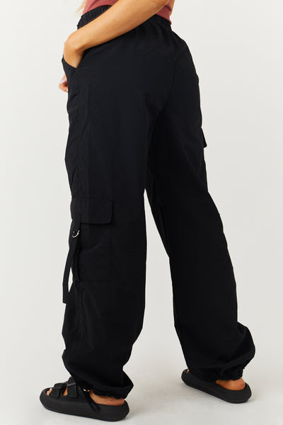 Black Cargo Pocket Drawstring Parachute Pants