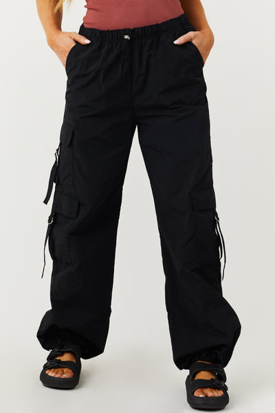 Black Cargo Pocket Drawstring Parachute Pants