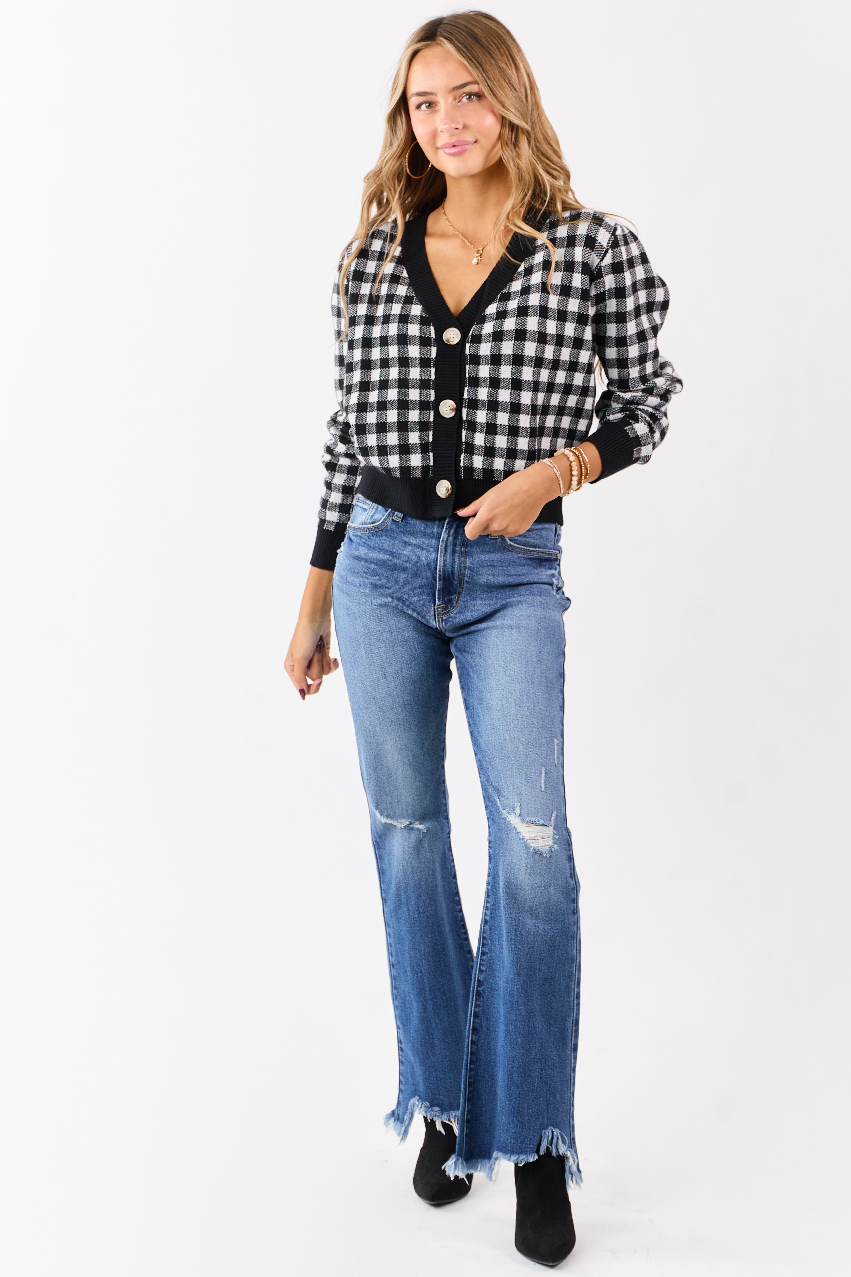 Black Checkered Button Down Cropped Cardigan