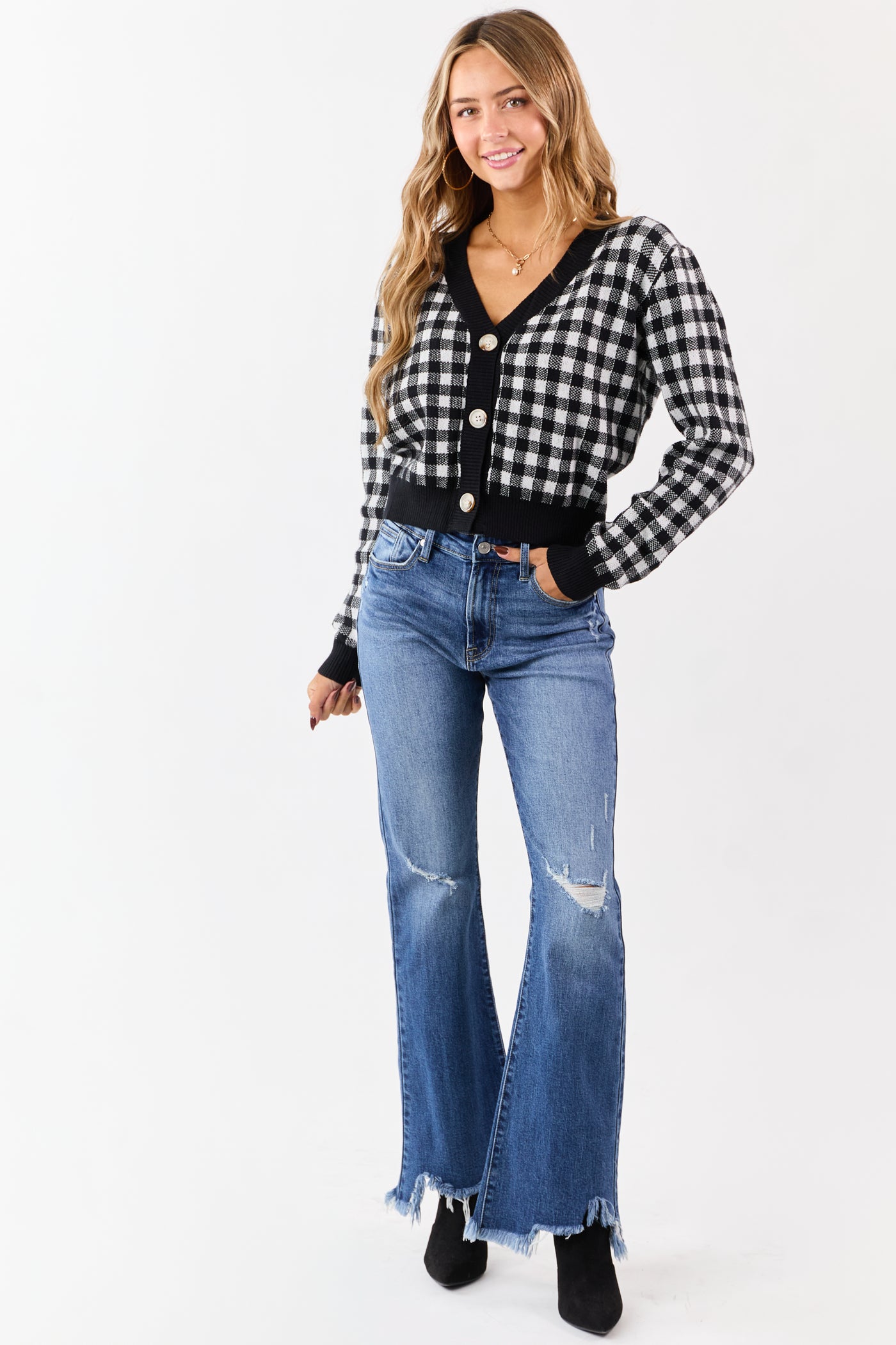 Black Checkered Button Down Cropped Cardigan