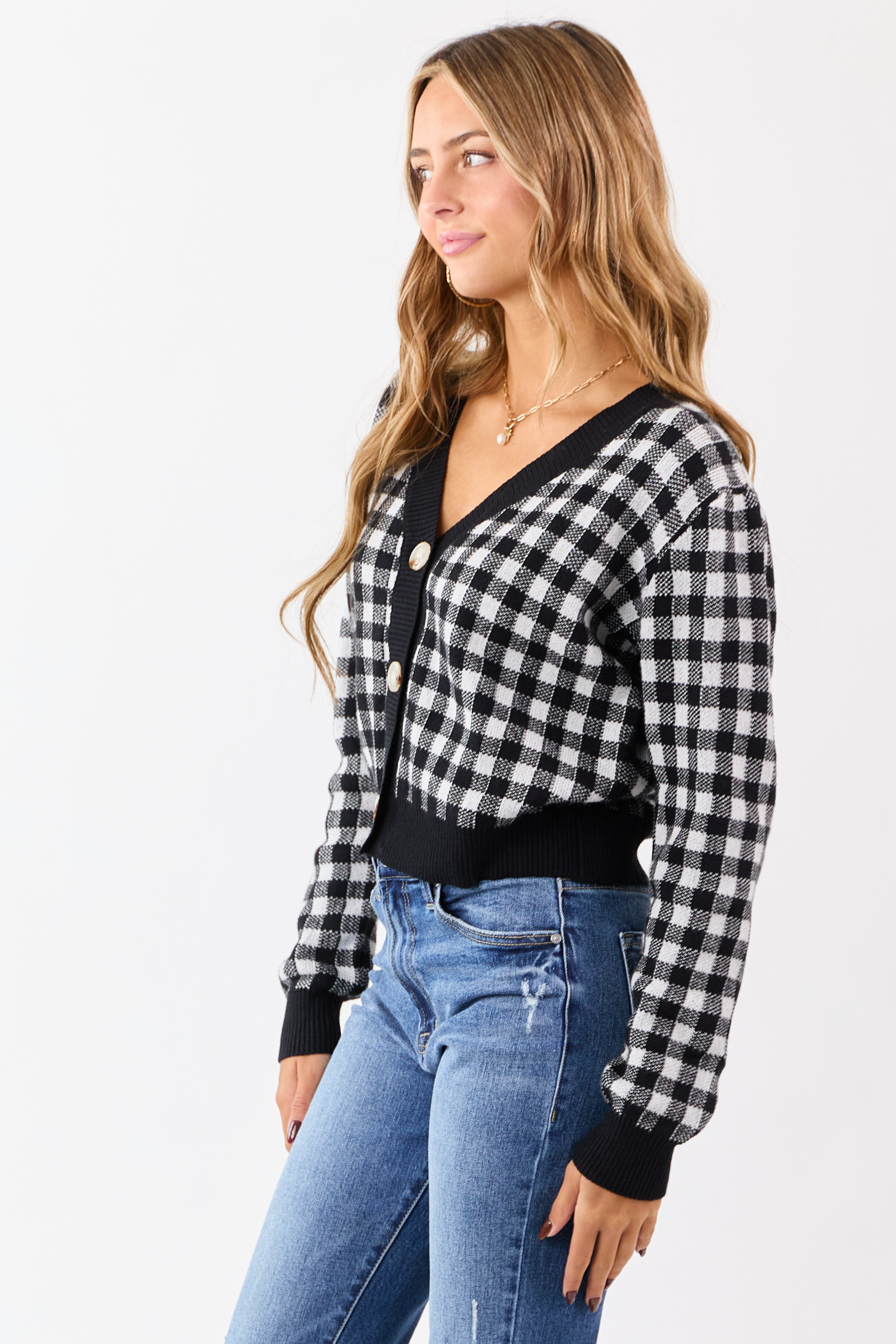 Black Checkered Button Down Cropped Cardigan