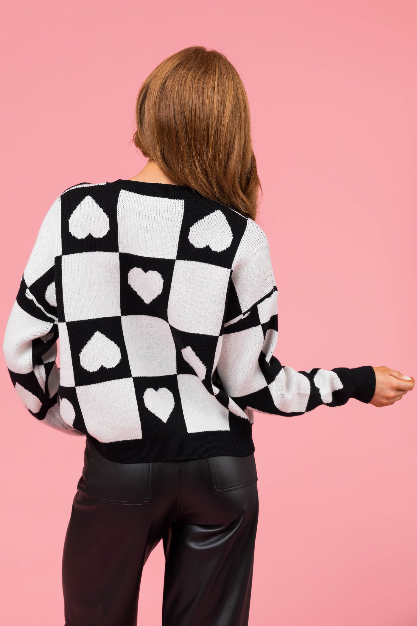 Black Checkered Heart Crew Neck Sweater
