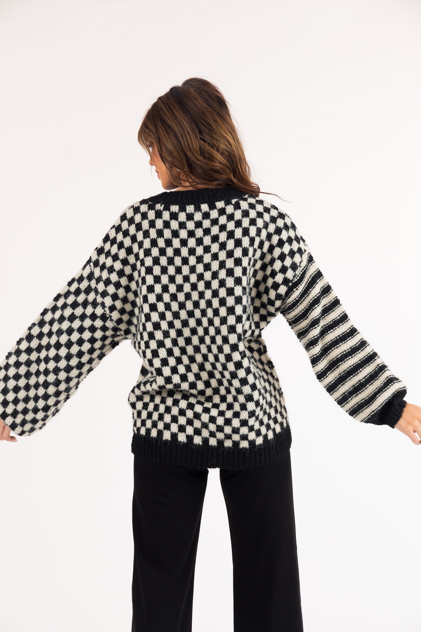 Black Checkered and Striped Fuzzy Knit Sweater