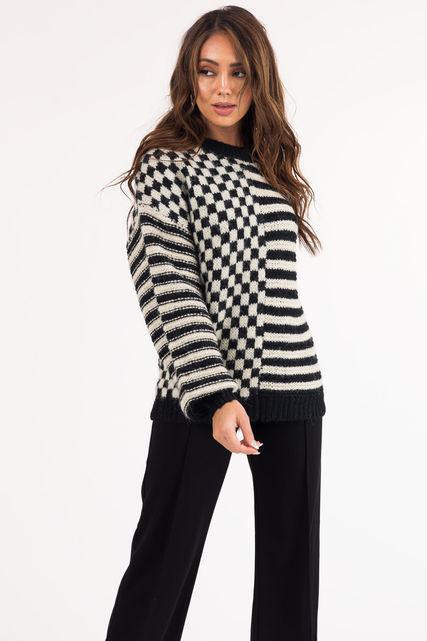 Black Checkered and Striped Fuzzy Knit Sweater