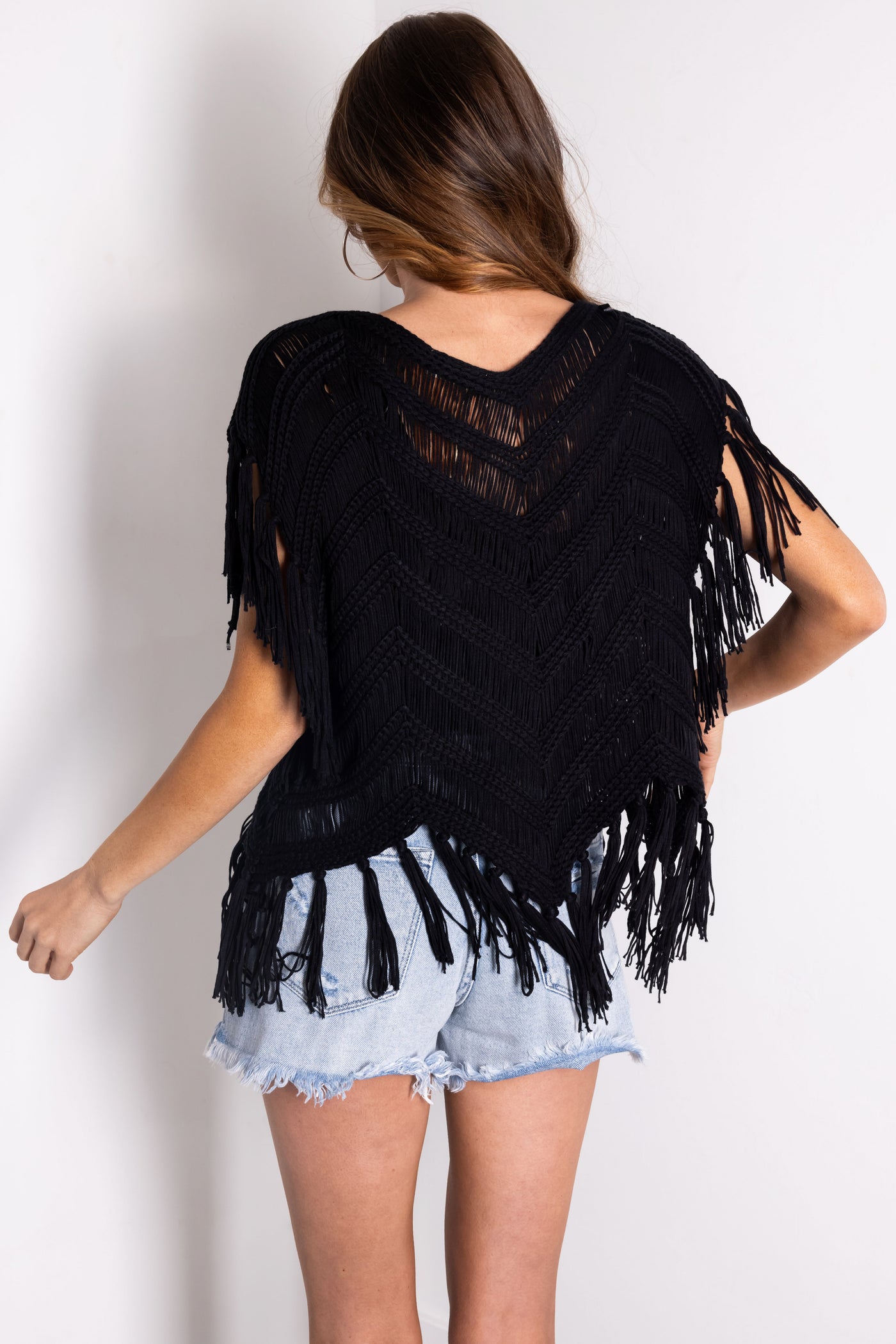 Black Chenille Crochet Fringe Oversized Top