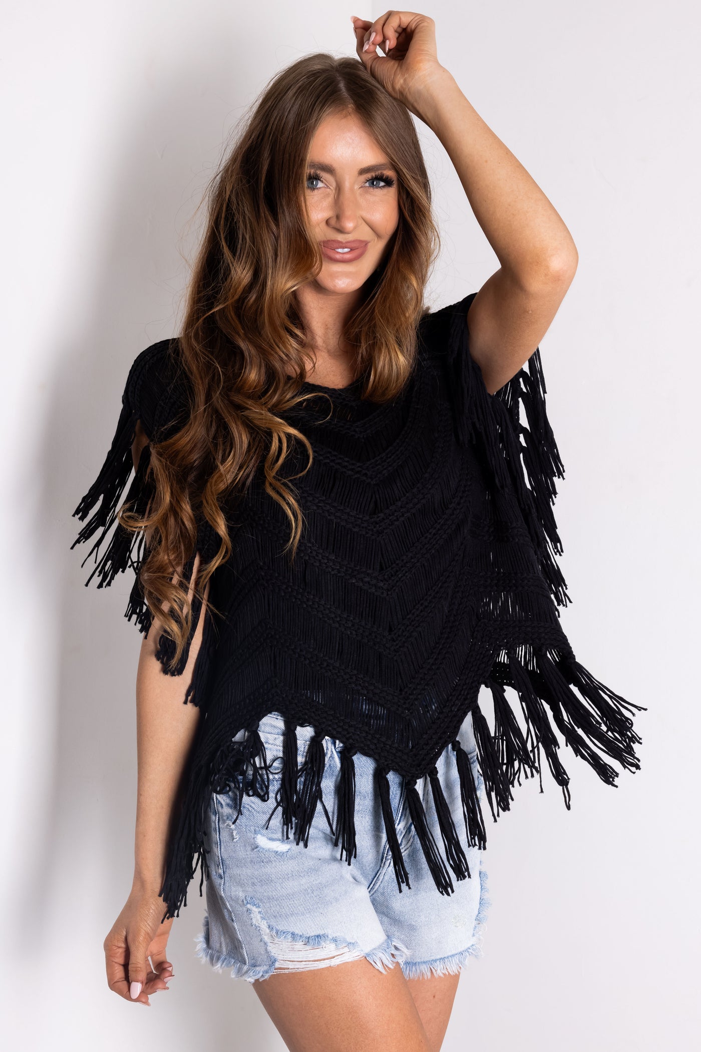 Black Chenille Crochet Fringe Oversized Top