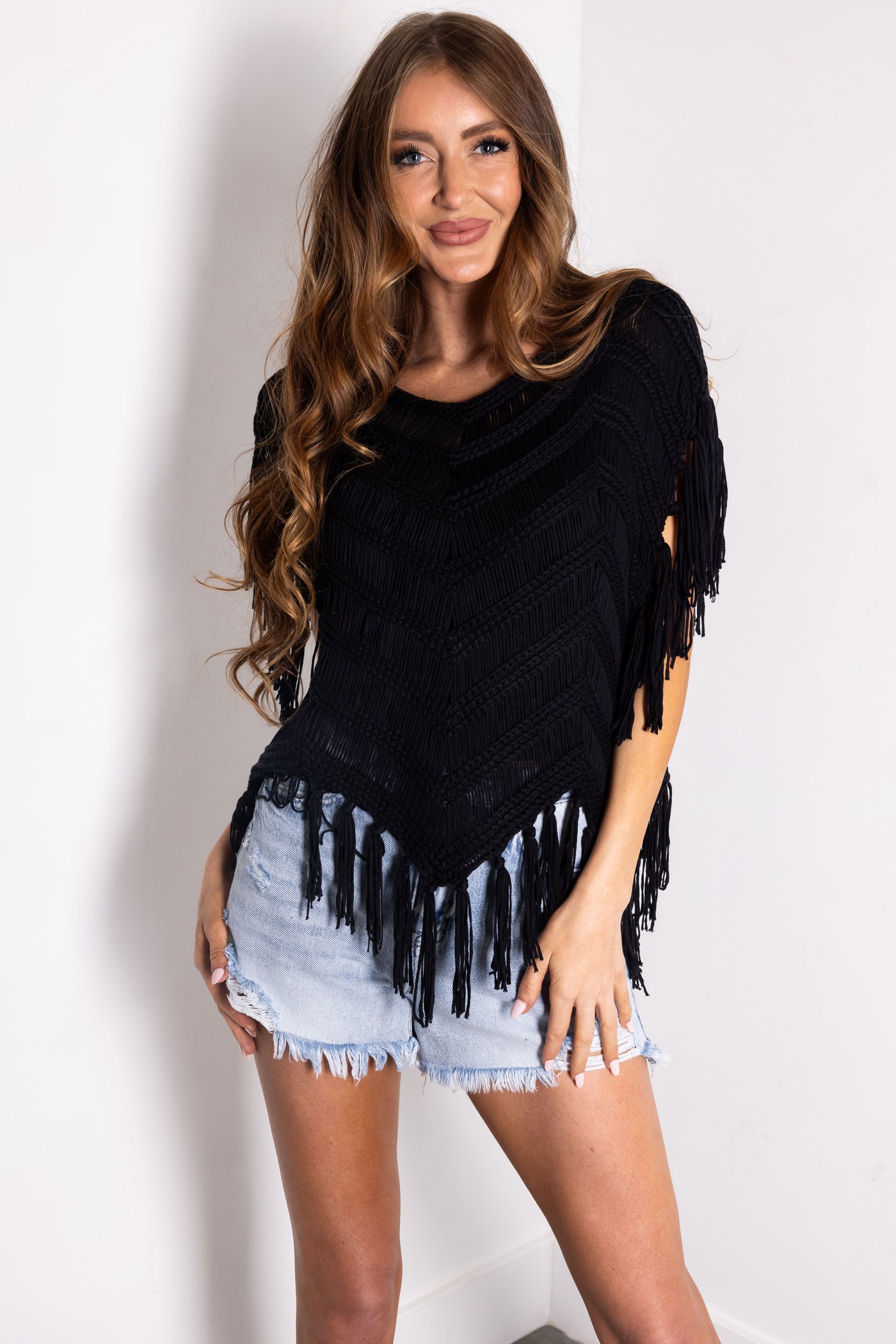 Black Chenille Crochet Fringe Oversized Top