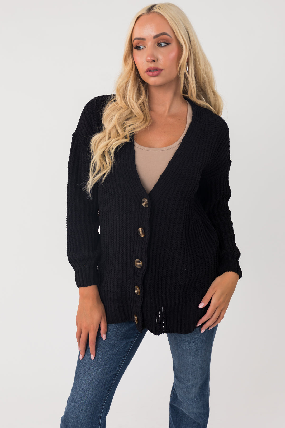 Black Chenille Drop Sleeve Knit Cardigan & Lime Lush