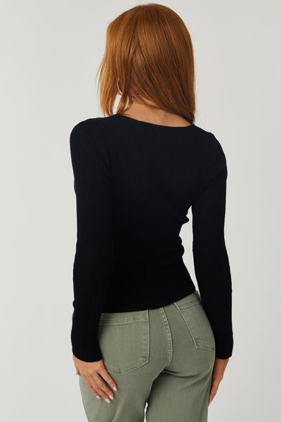 Black Chest Cut Out Fitted Ribbed Sweater Top