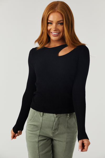 Black Chest Cut Out Fitted Ribbed Sweater Top