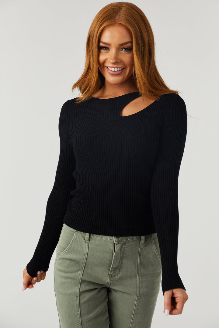 Black Chest Cut Out Fitted Ribbed Sweater Top