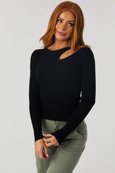 Black Chest Cut Out Fitted Ribbed Sweater Top