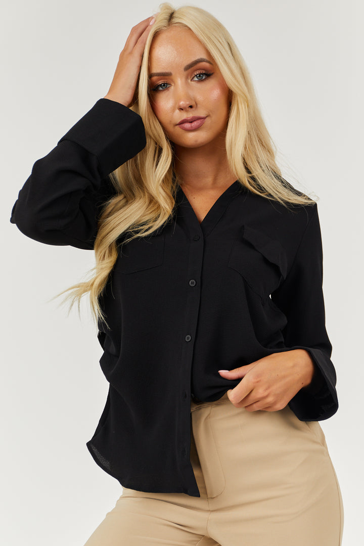 Black Chest Pocket Ruched Side Button Up Shirt