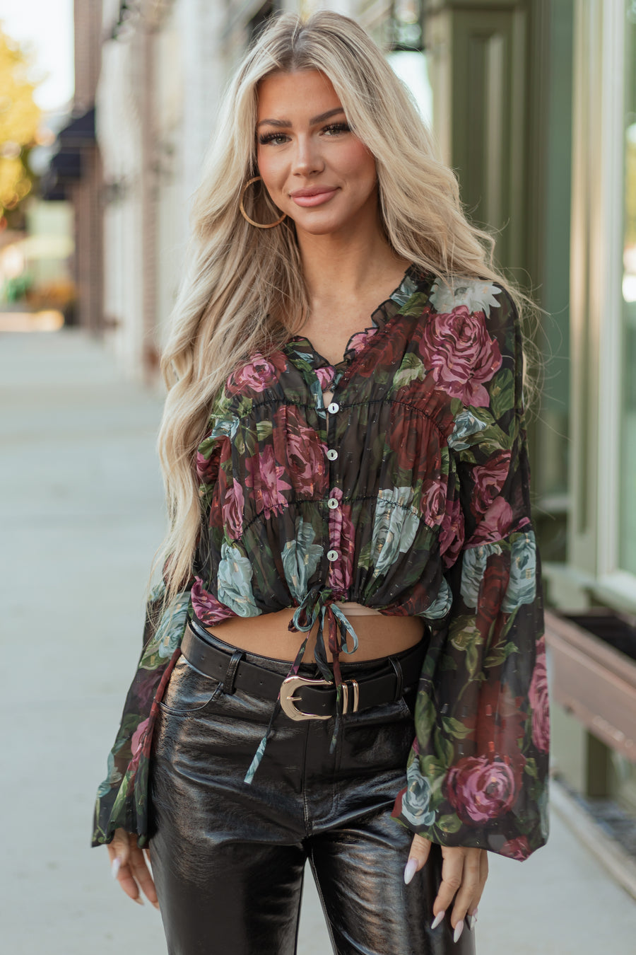 Black Chiffon Sheer Floral Metallic Swiss Dot Top
