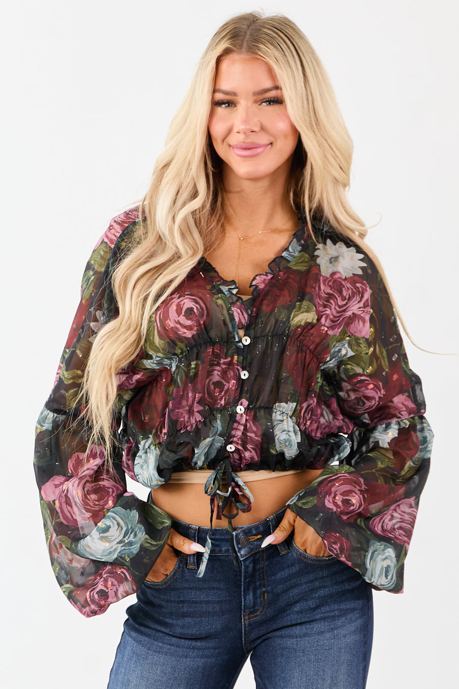 Black Chiffon Sheer Floral Metallic Swiss Dot Top