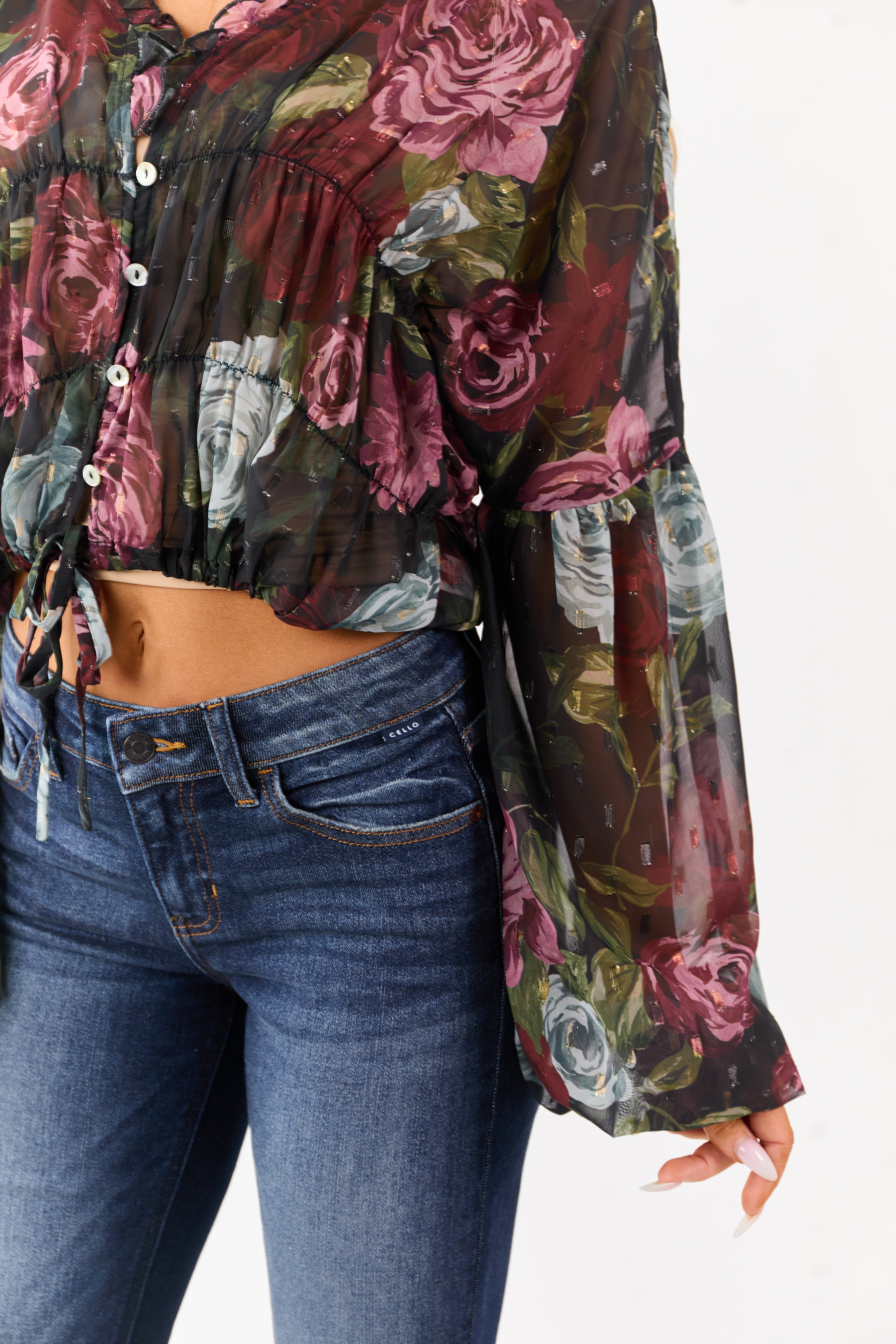 Black Chiffon Sheer Floral Metallic Swiss Dot Top