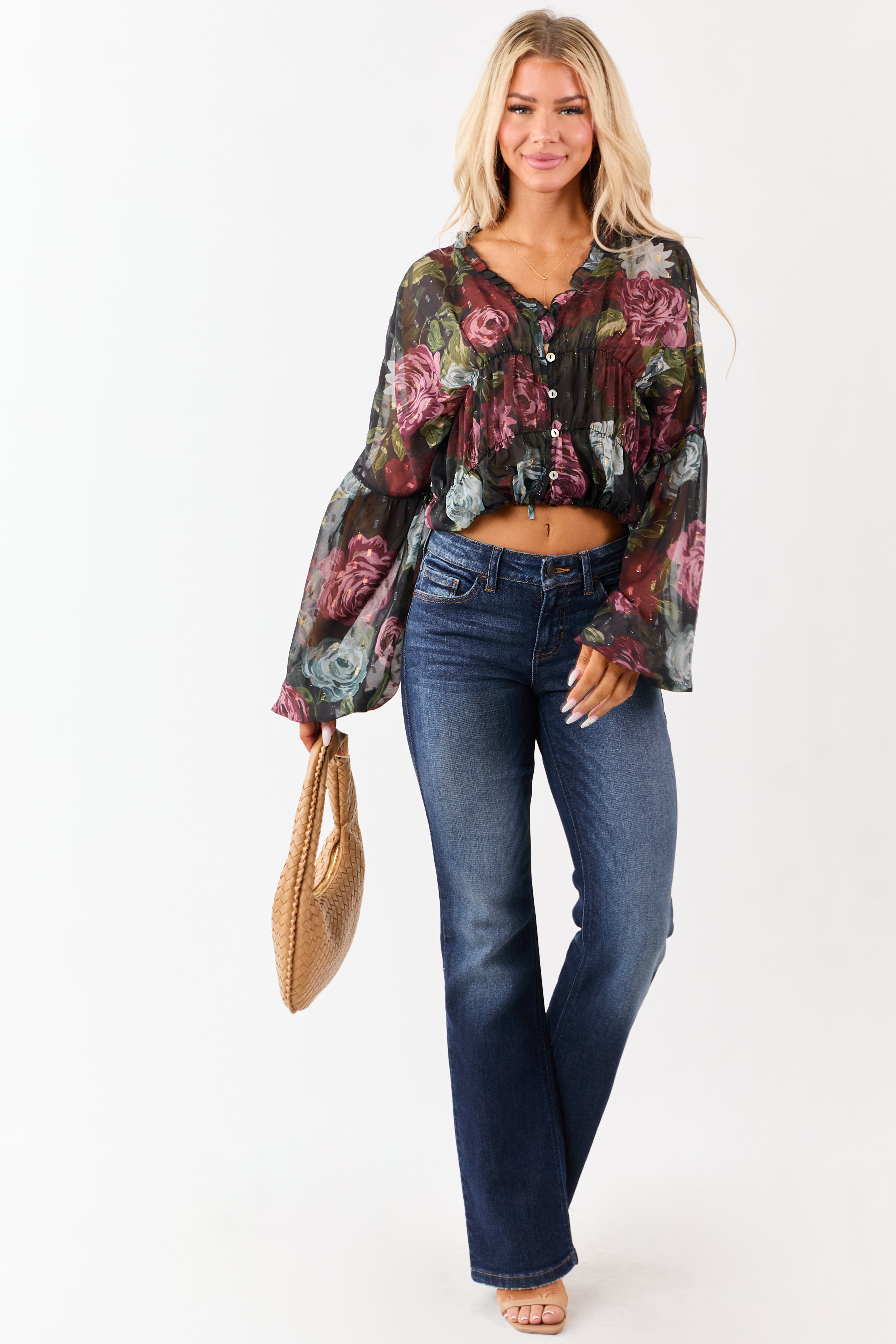 Black Chiffon Sheer Floral Metallic Swiss Dot Top