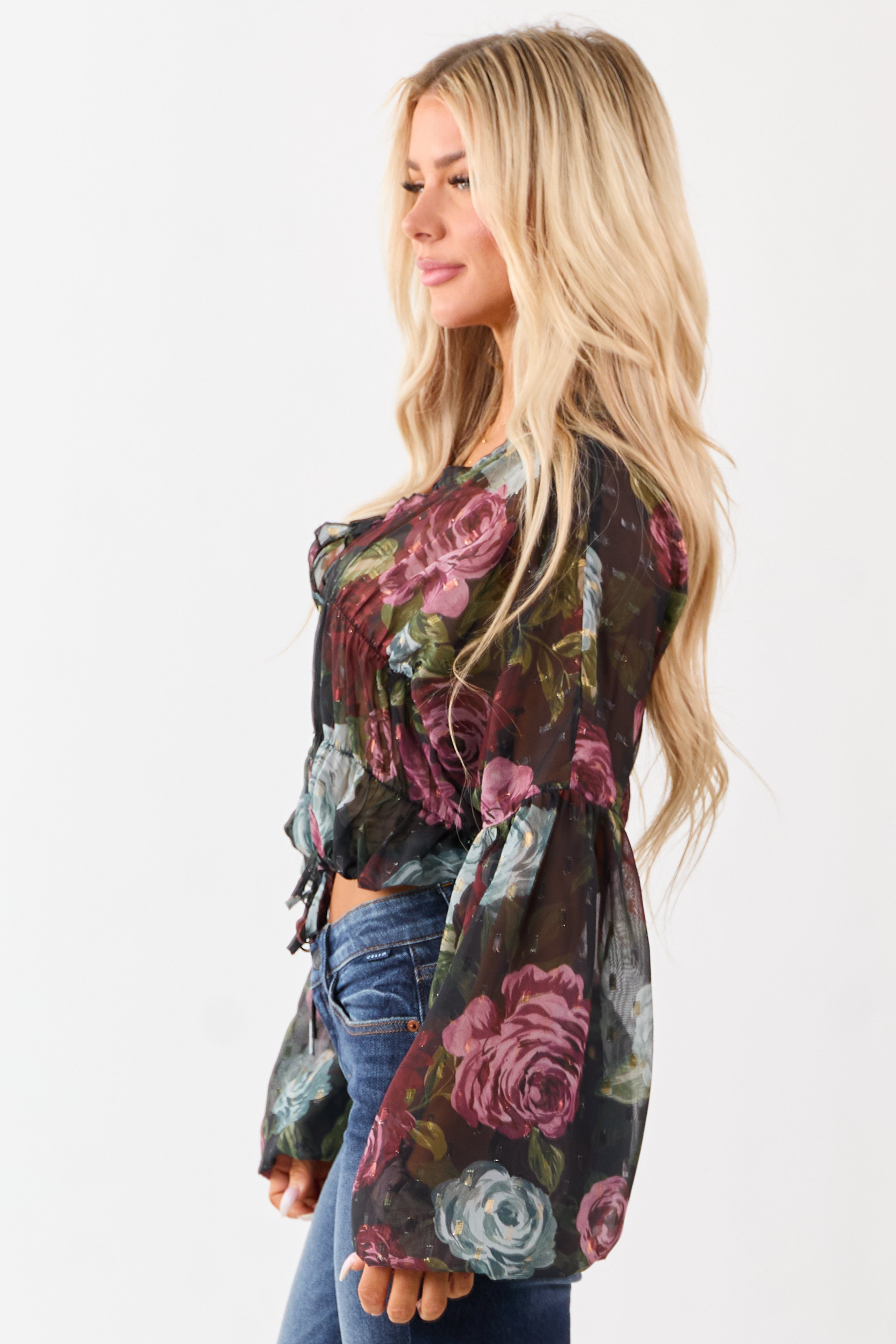 Black Chiffon Sheer Floral Metallic Swiss Dot Top