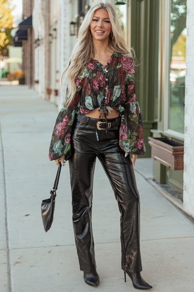 Black Chiffon Sheer Floral Metallic Swiss Dot Top