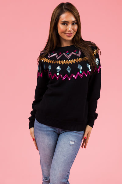 Black Christmas Sequin Long Sleeve Sweater