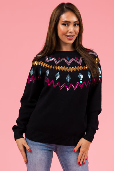 Black Christmas Sequin Long Sleeve Sweater