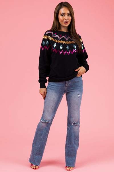 Black Christmas Sequin Long Sleeve Sweater