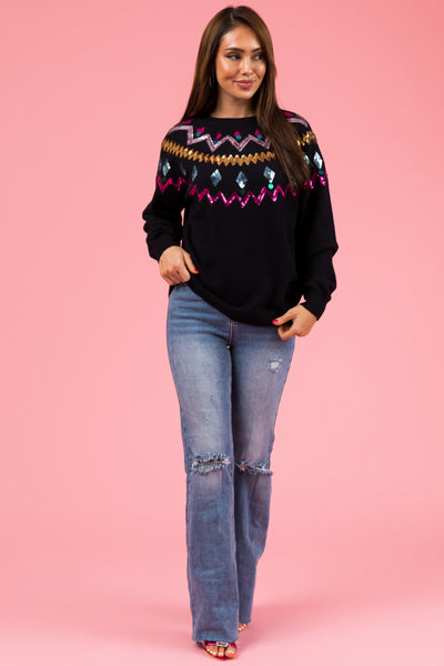 Black Christmas Sequin Long Sleeve Sweater