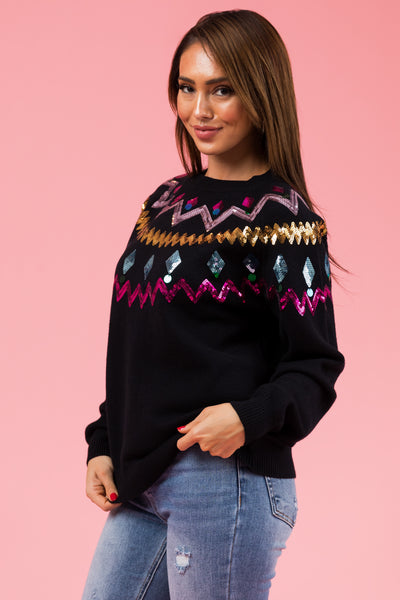Black Christmas Sequin Long Sleeve Sweater