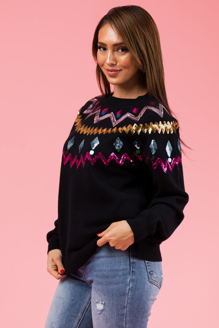Black Christmas Sequin Long Sleeve Sweater