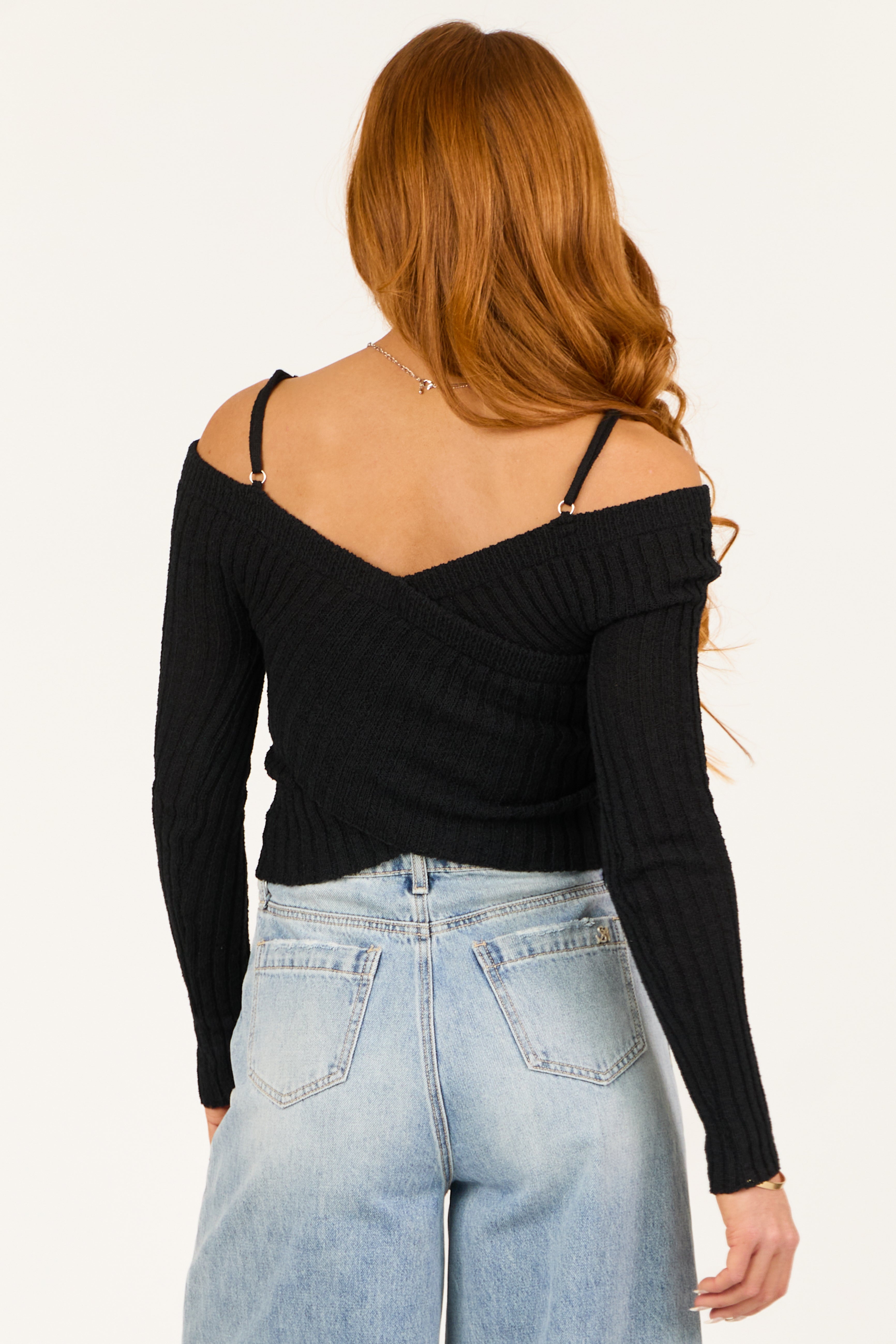 Black Cold Shoulder Crossover Sweater | Lime Lush Boutique