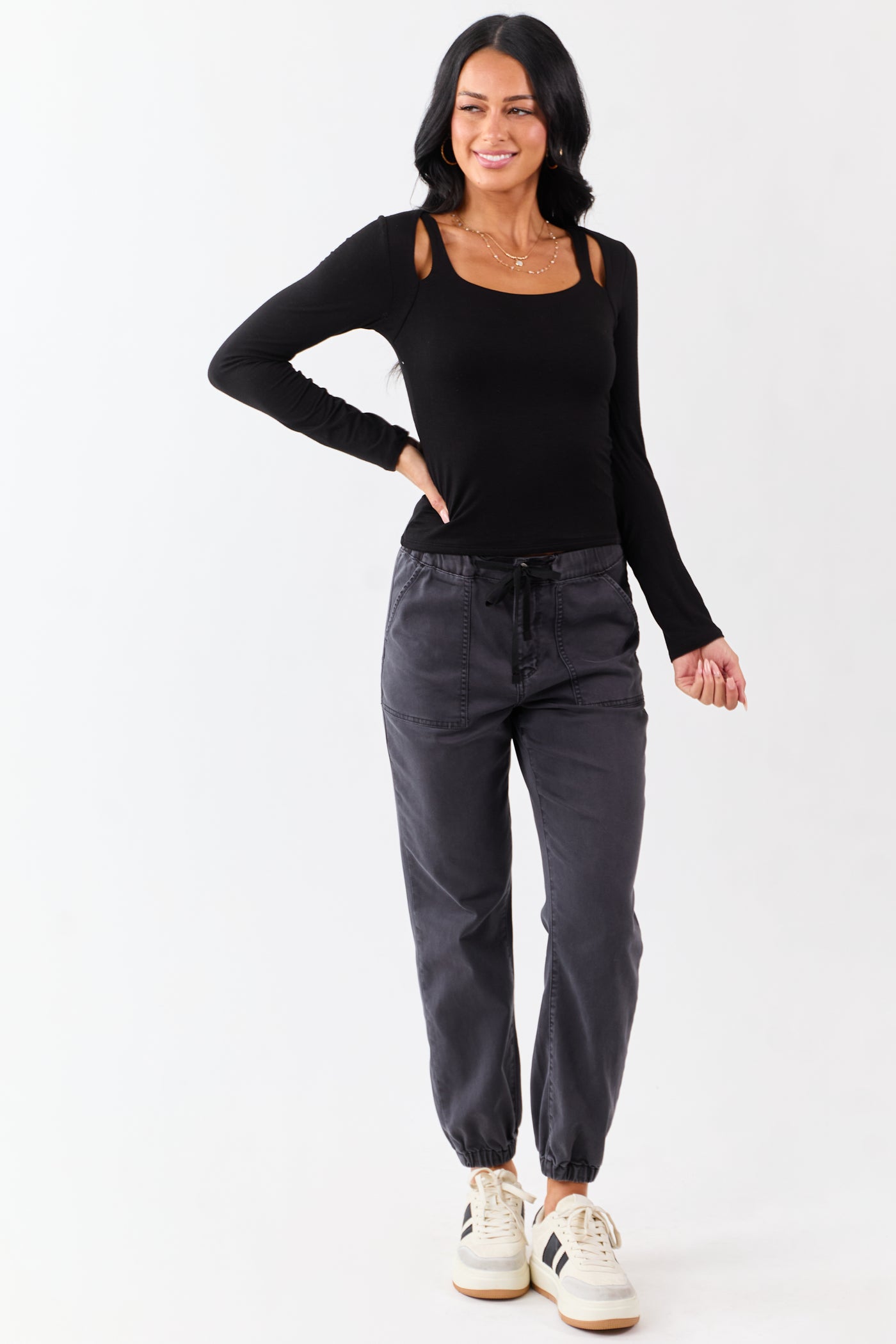 Black Cold Shoulder Long Sleeve Scoop Neck Top