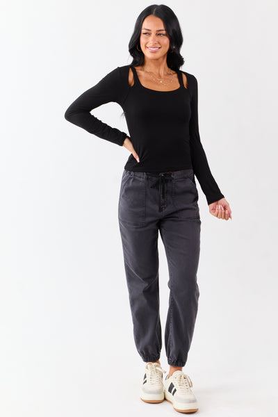 Black Cold Shoulder Long Sleeve Scoop Neck Top