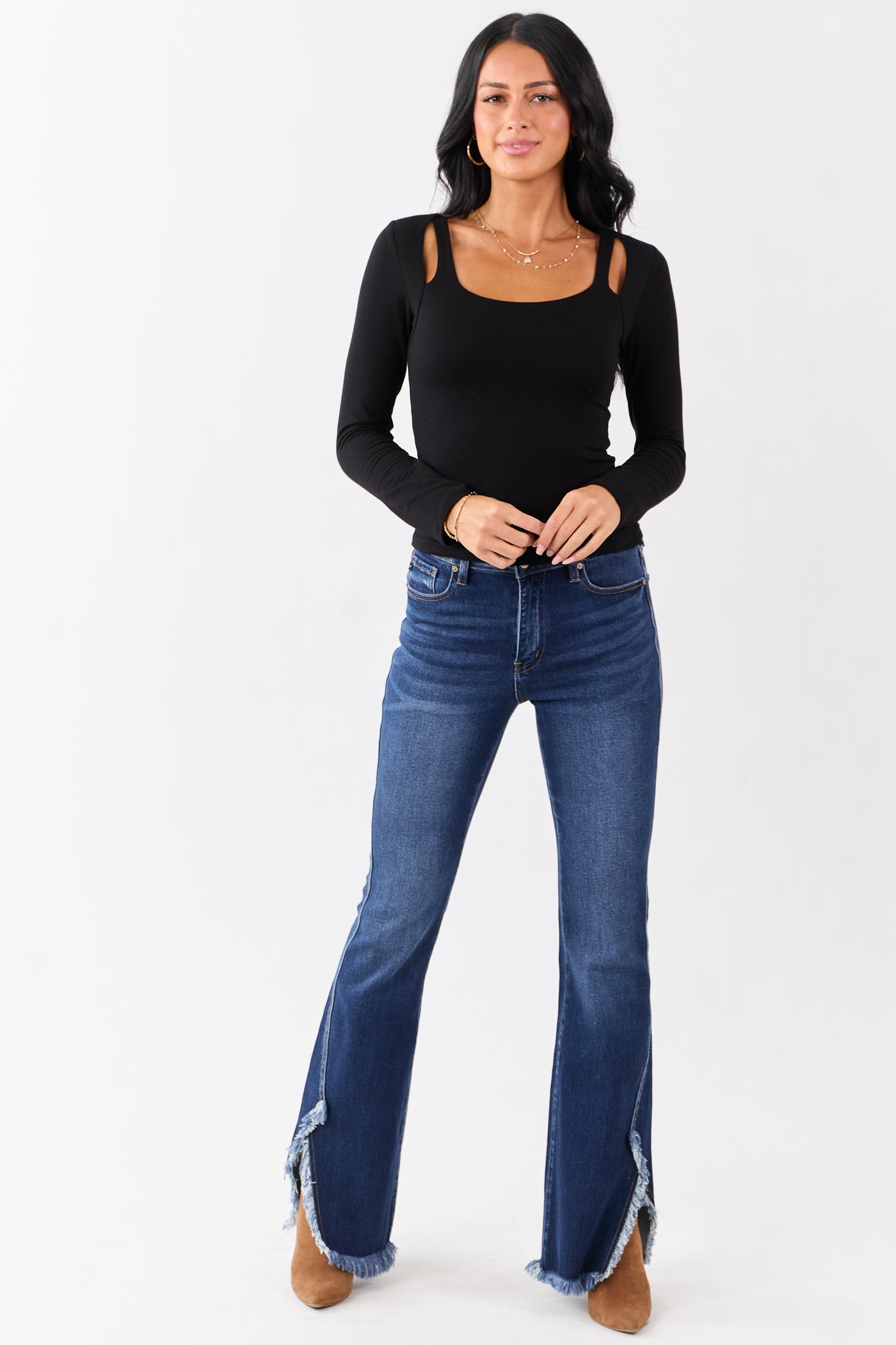 Black Cold Shoulder Long Sleeve Scoop Neck Top