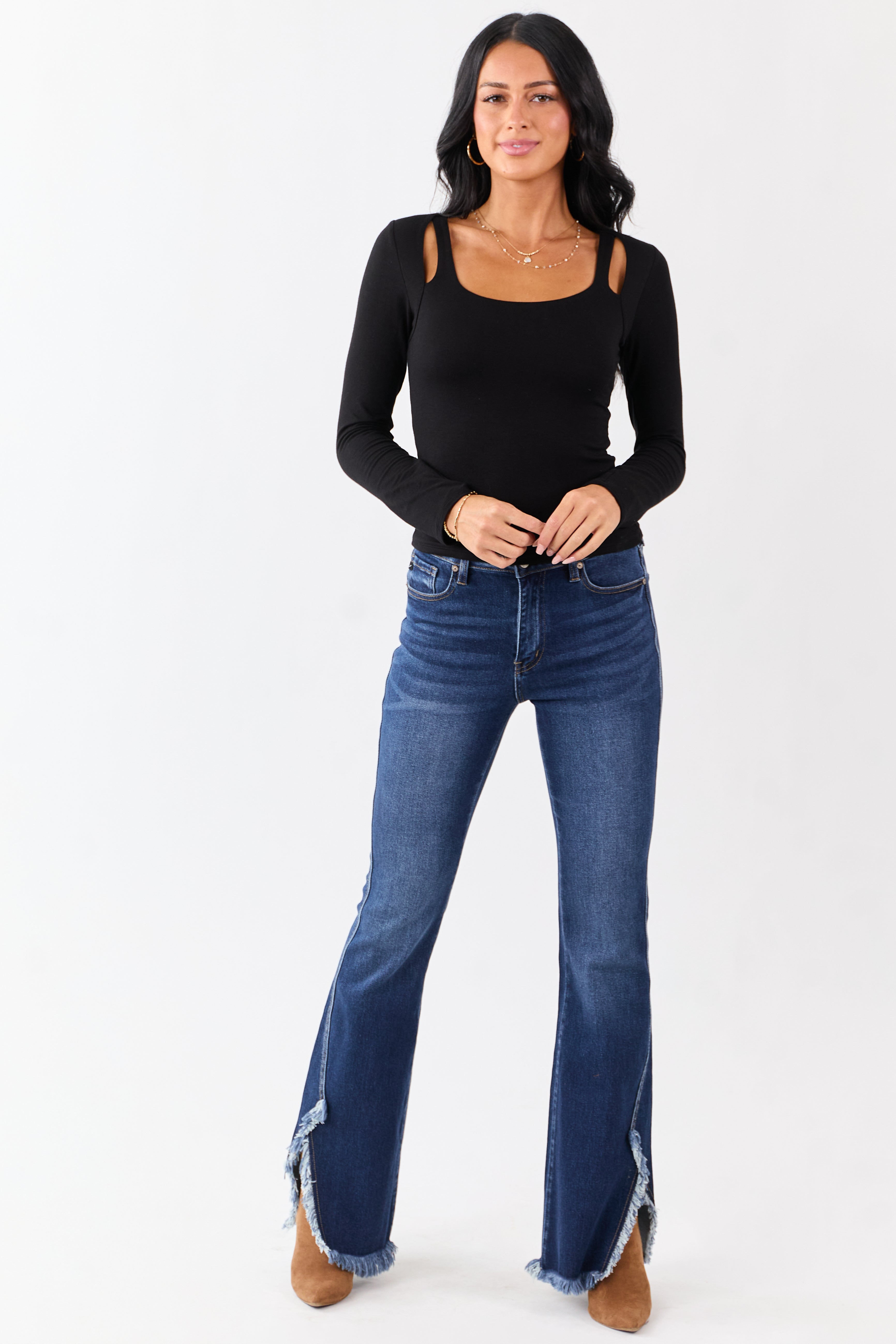 Black Cold Shoulder Long Sleeve Scoop Neck Top