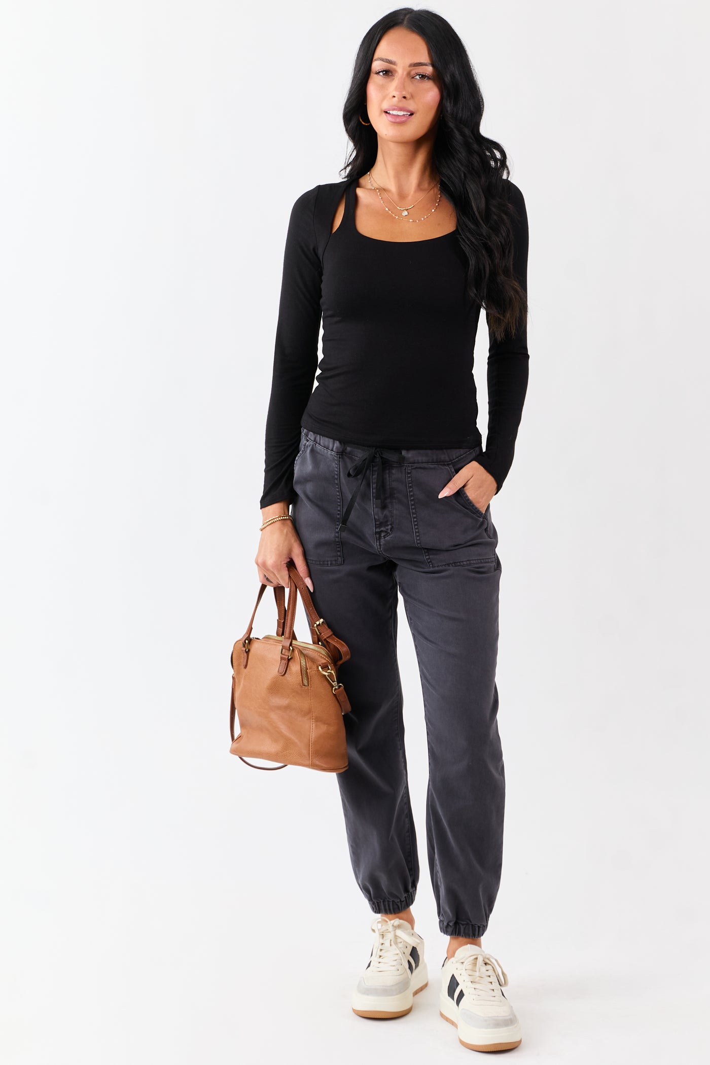 Black Cold Shoulder Long Sleeve Scoop Neck Top