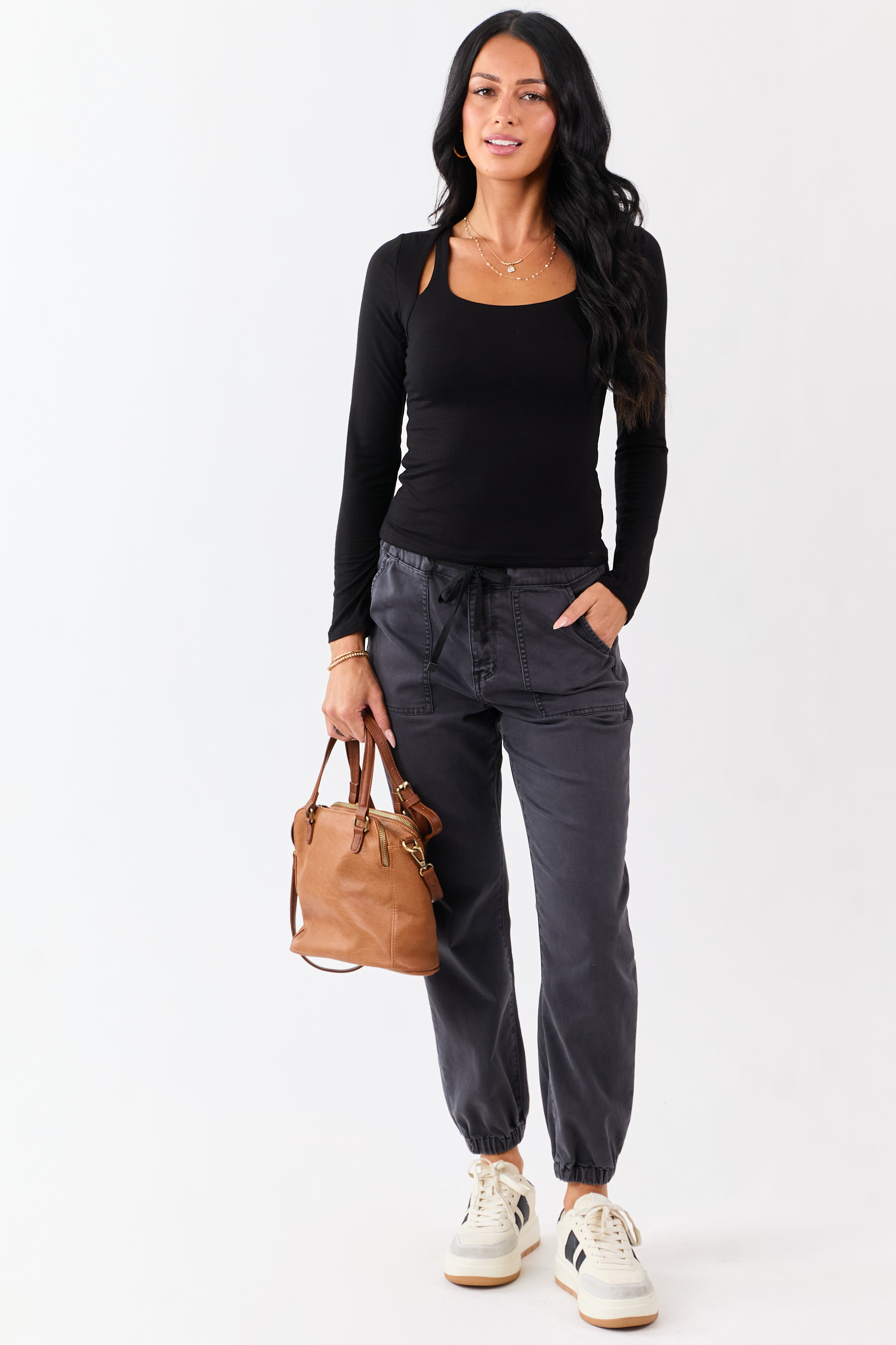 Black Cold Shoulder Long Sleeve Scoop Neck Top