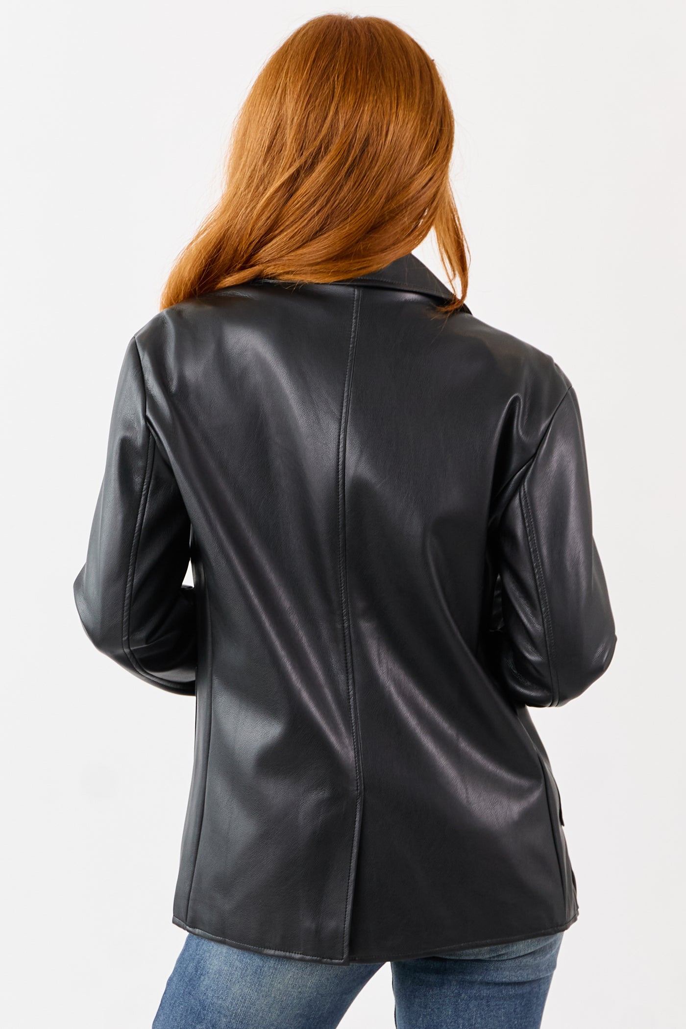 Black Collared Button Down Faux Leather Blazer