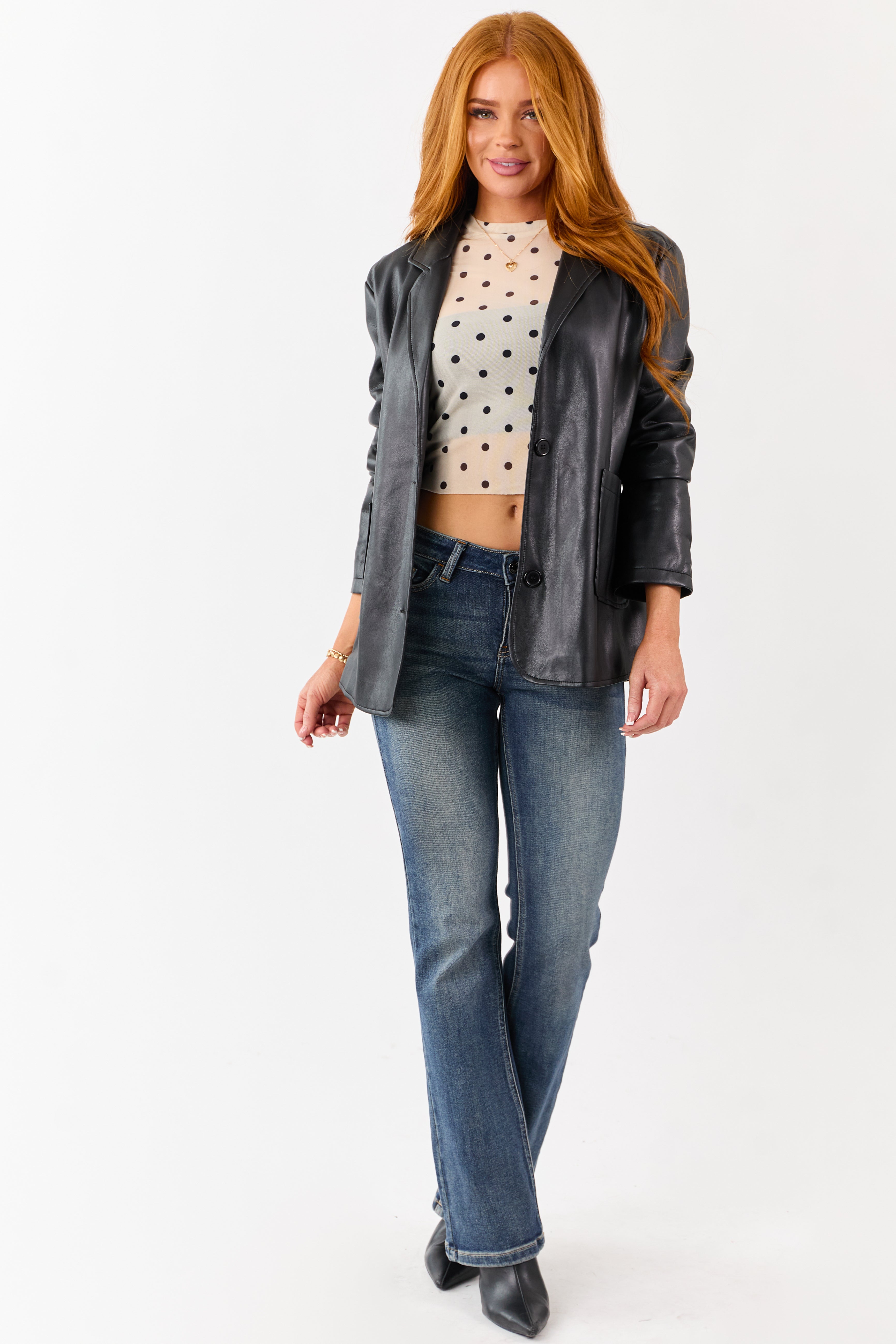 Black Collared Button Down Faux Leather Blazer