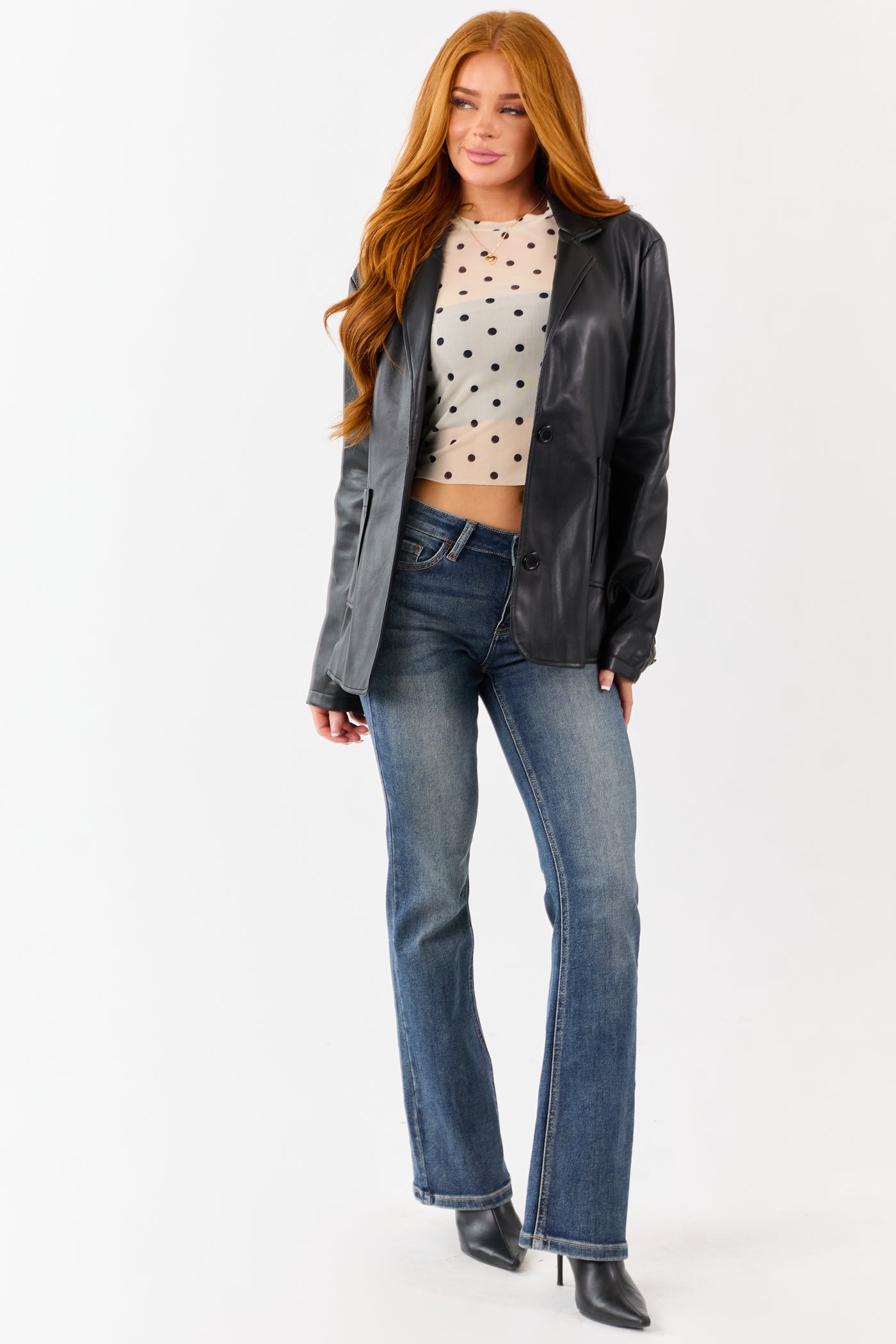 Black Collared Button Down Faux Leather Blazer