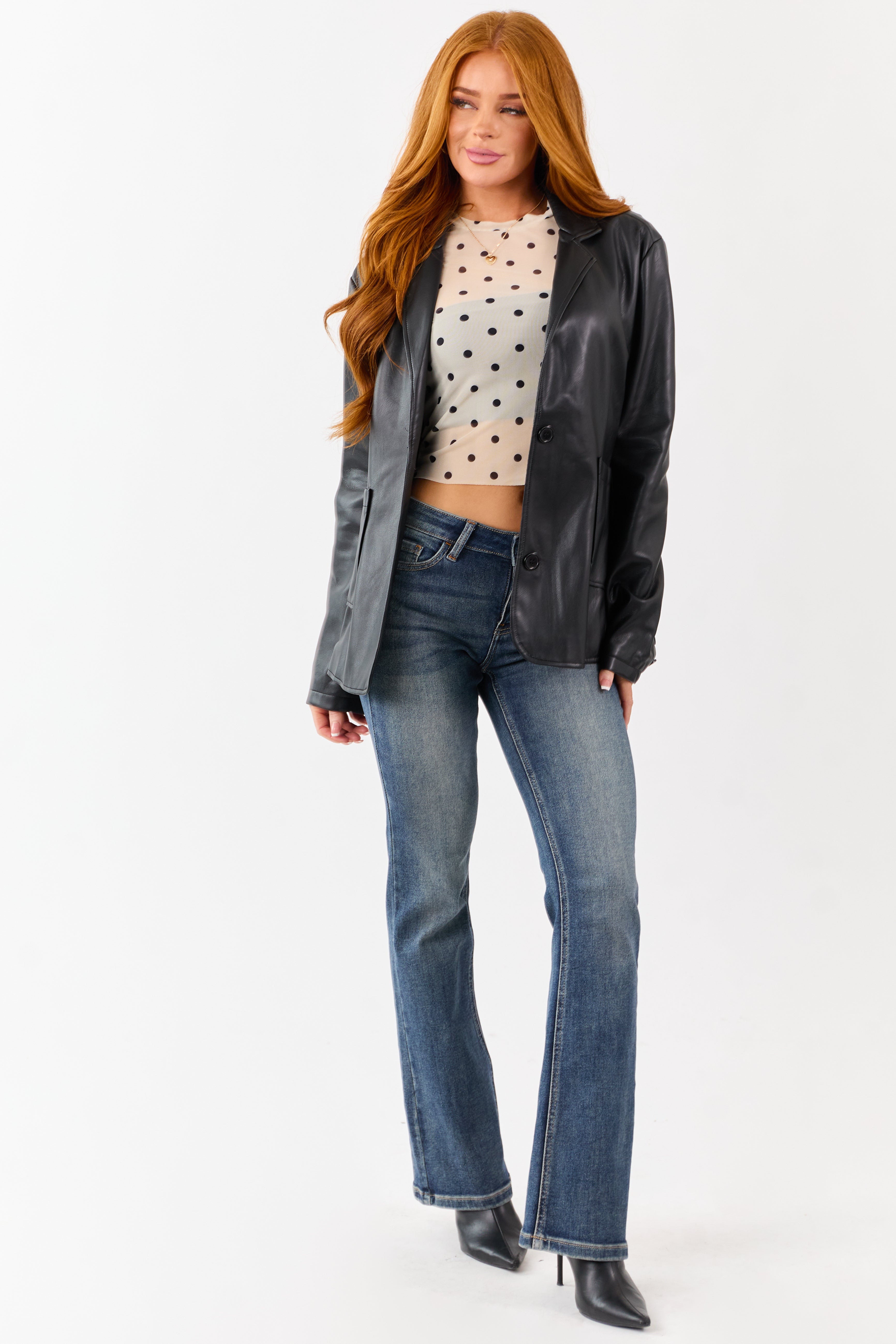 Black Collared Button Down Faux Leather Blazer