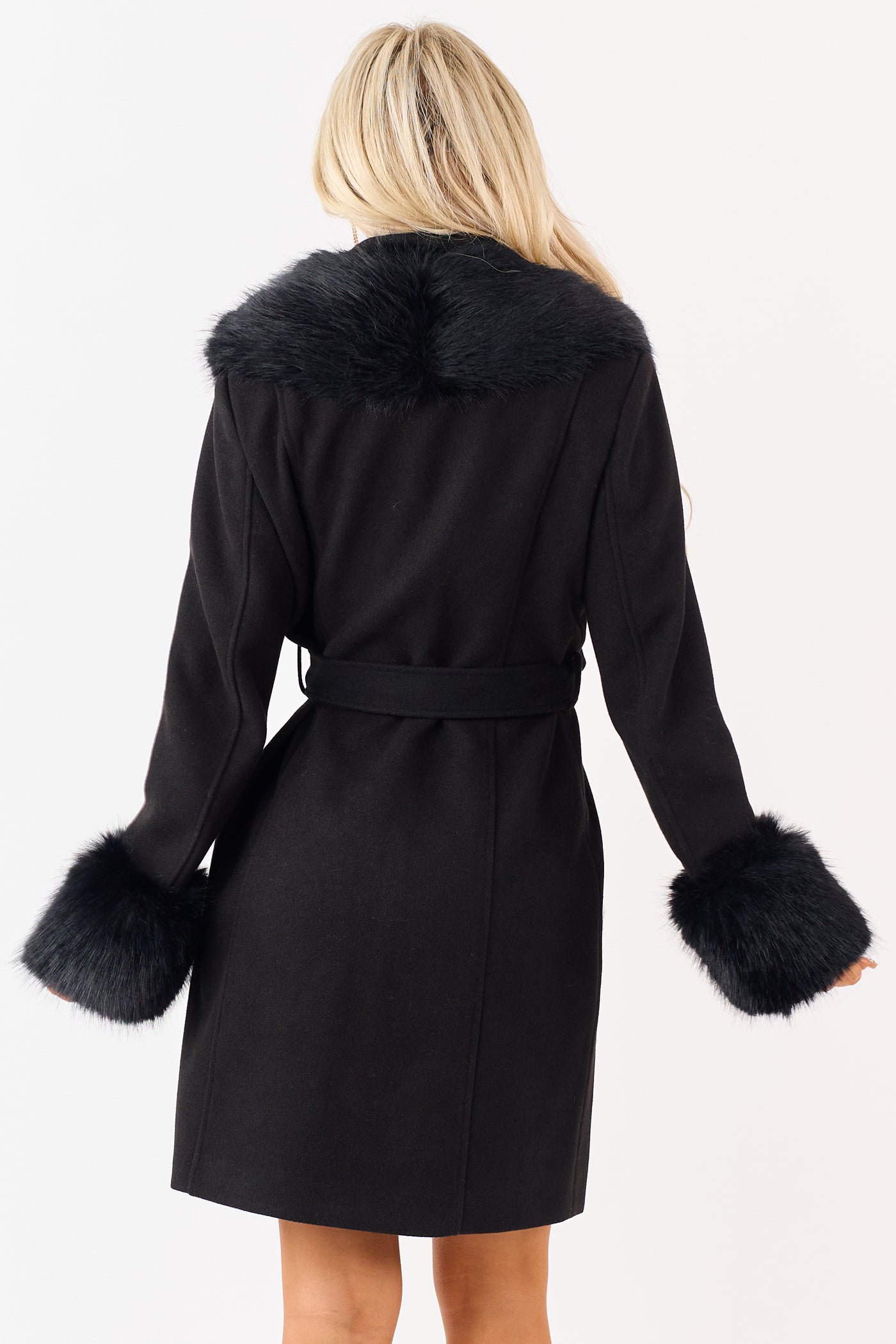 Black Collared Faux Fur Trim Waist Tie Long Coat