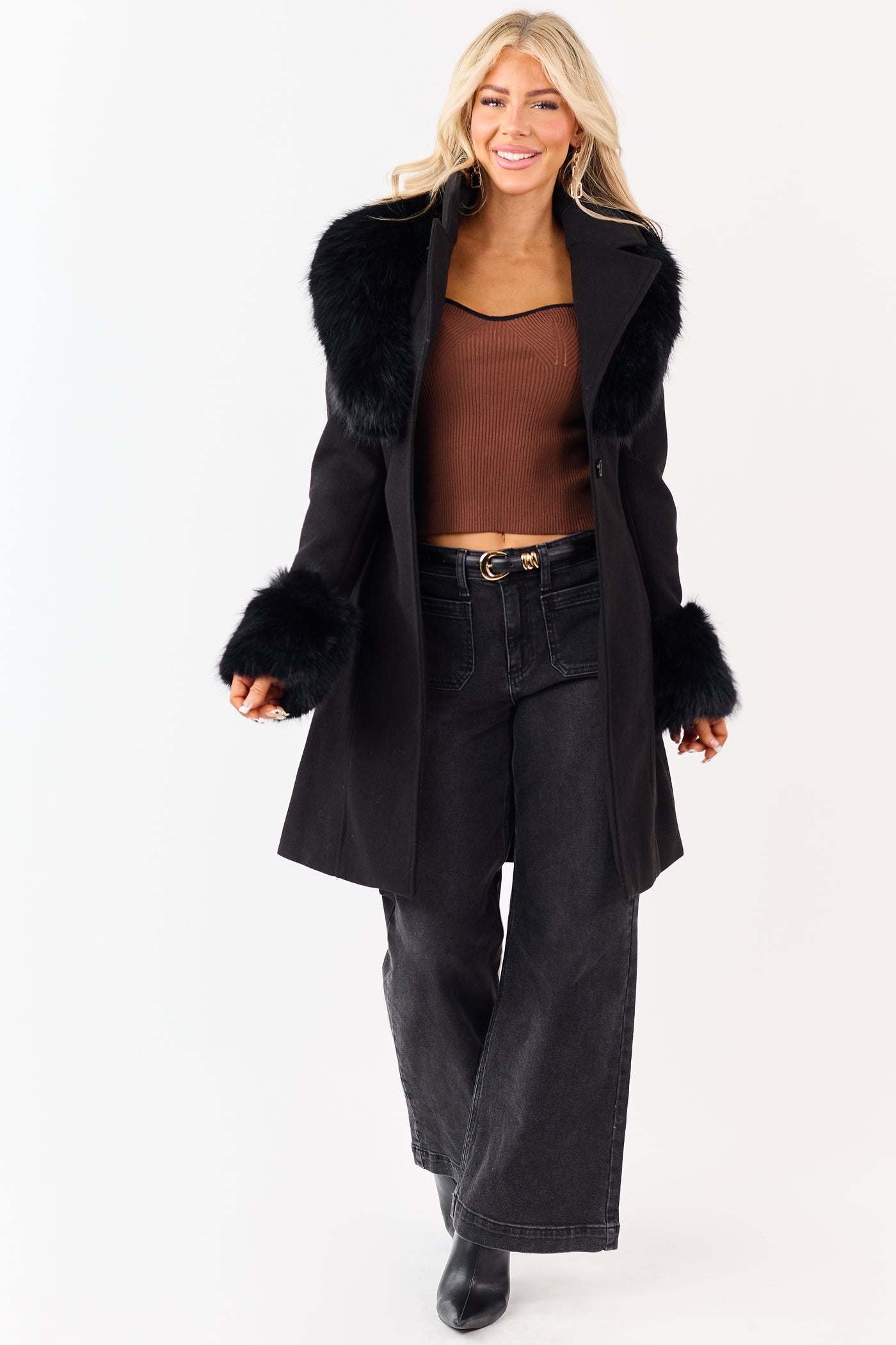 Black Collared Faux Fur Trim Waist Tie Long Coat