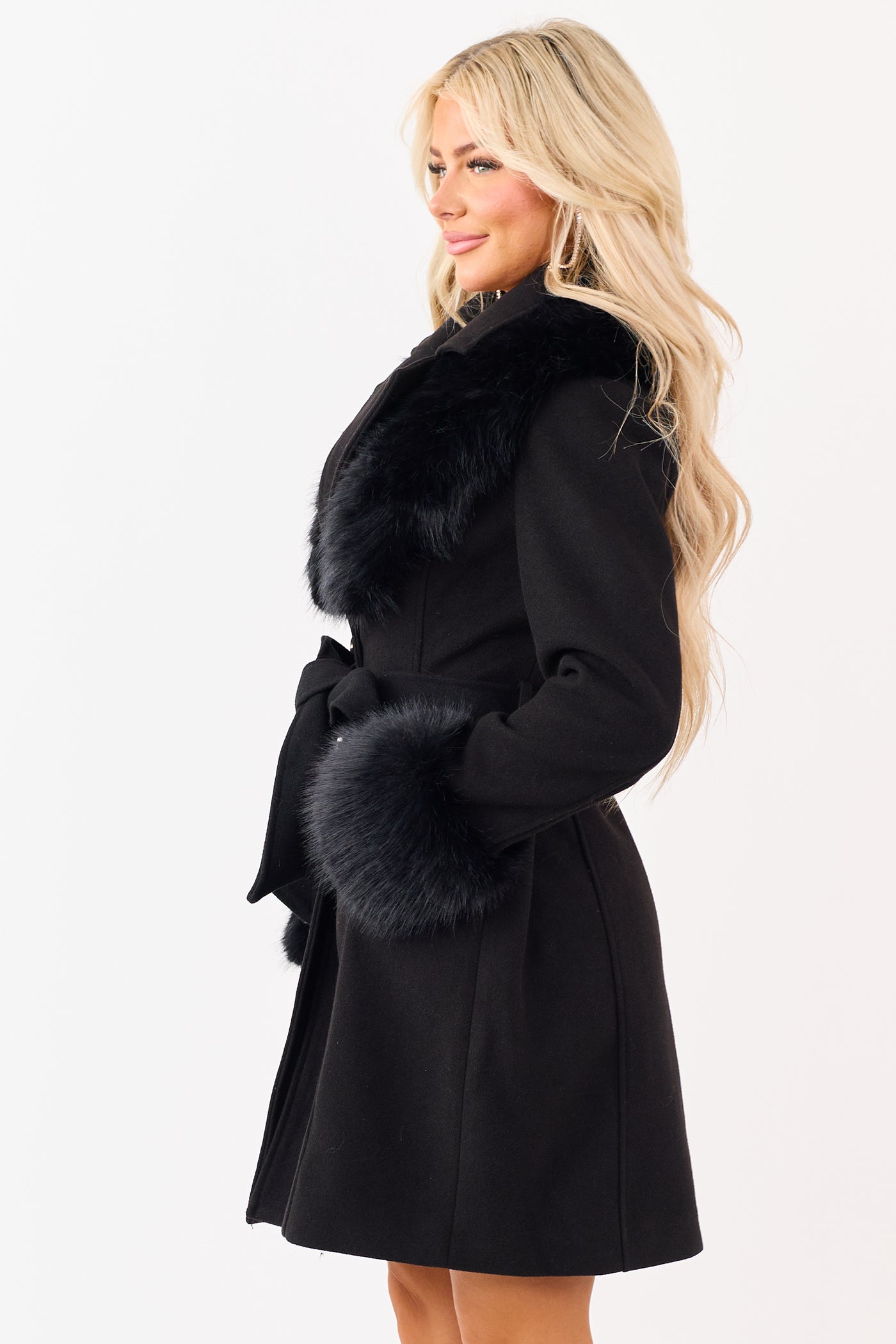Black Collared Faux Fur Trim Waist Tie Long Coat