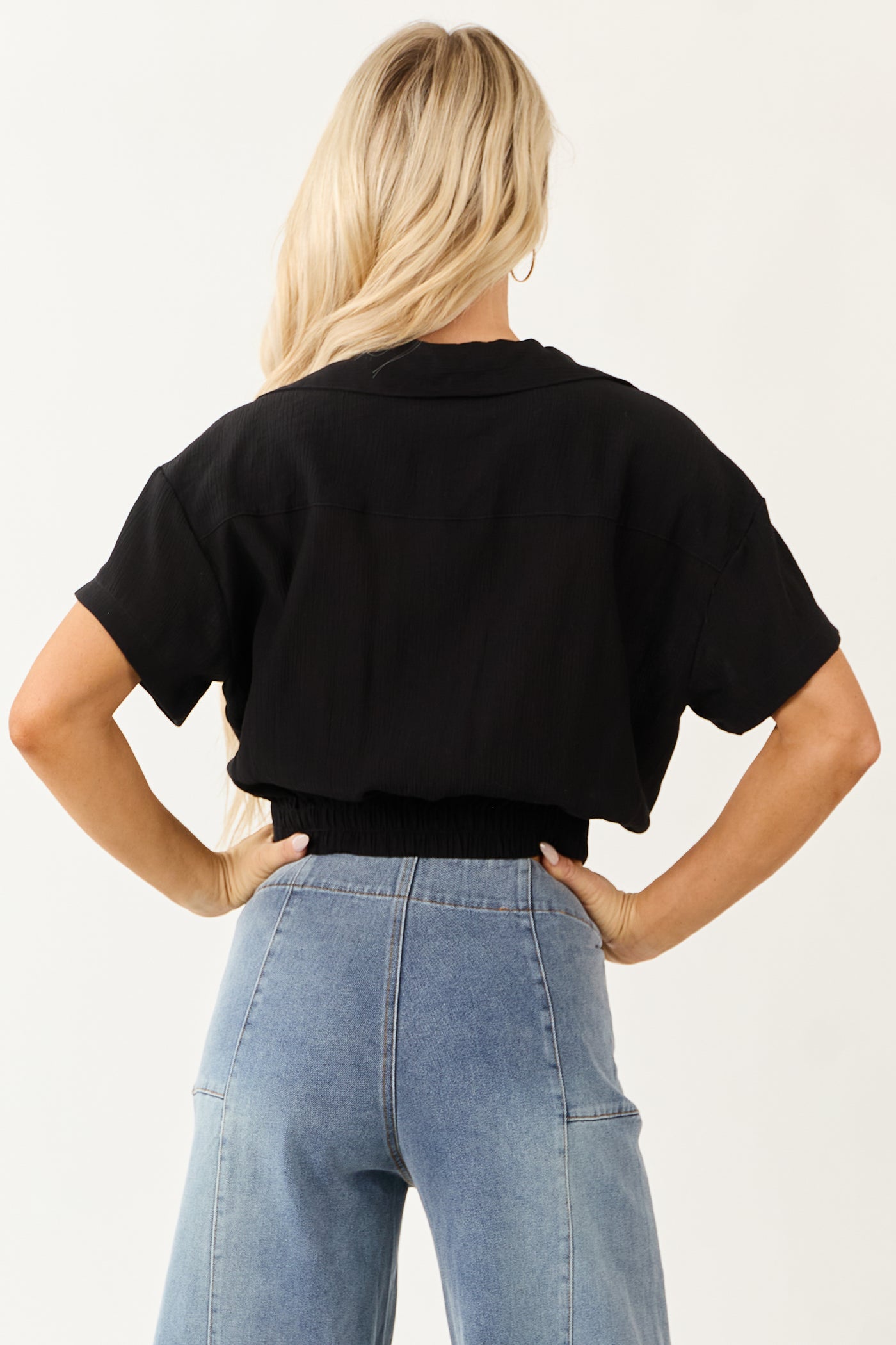 Black Collared Front Twist Short Sleeve Top