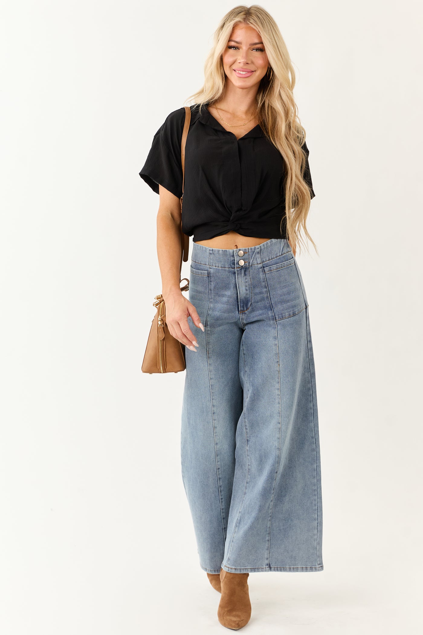 Black Collared Front Twist Short Sleeve Top