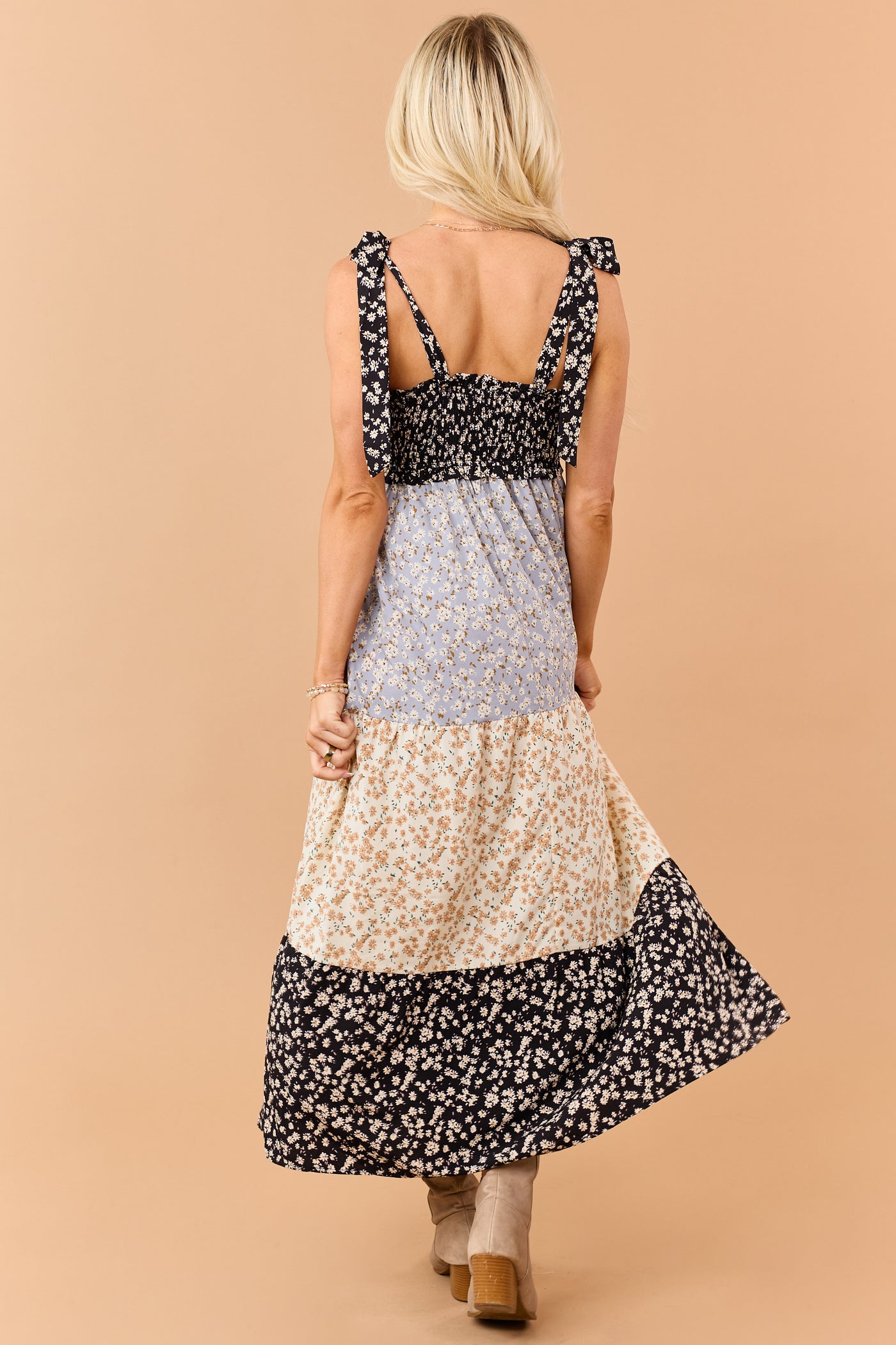 Black Colorblock Floral Smocked Bust Maxi Dress